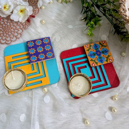 Handcrafted Blue Pottery Design Wooden Tealight Holders Set of 2